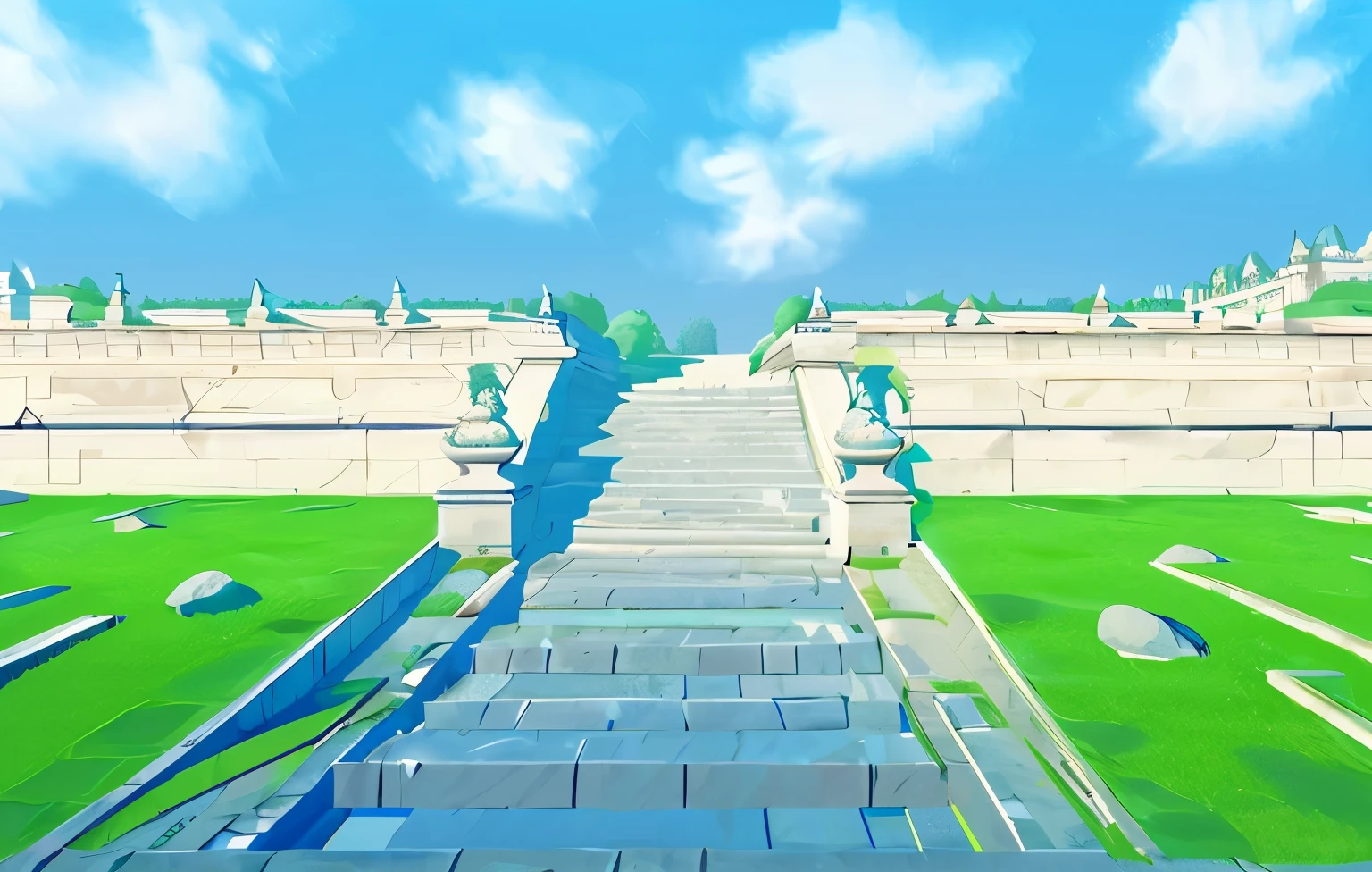 vector style,  eurpean architecture, polished marble stairs in the center, stone wall, well kept green palace garden with stone path in the middle,  very detailed,  blue sky with clouds in the background, no buildings, no palace in the center, warm colors of the sky
