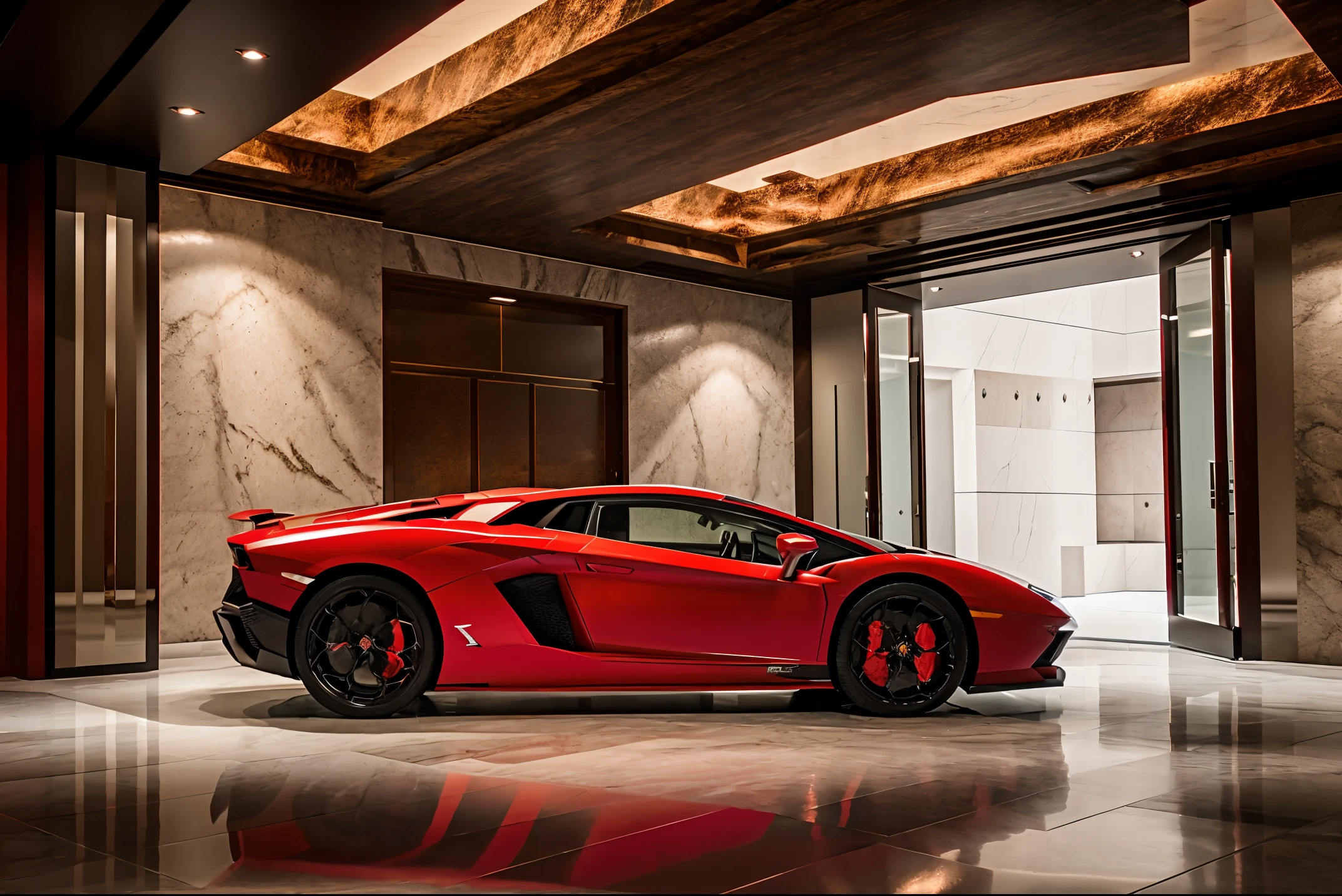 red lamborghini aventador　　Detailed and high quality　Realistic three-dimensional feel　beautiful background　Parked in front of the marble entrance of a luxury condominium.　beautiful lighting　beautiful street　stylish apartment　(Shooting from the side:1.3)