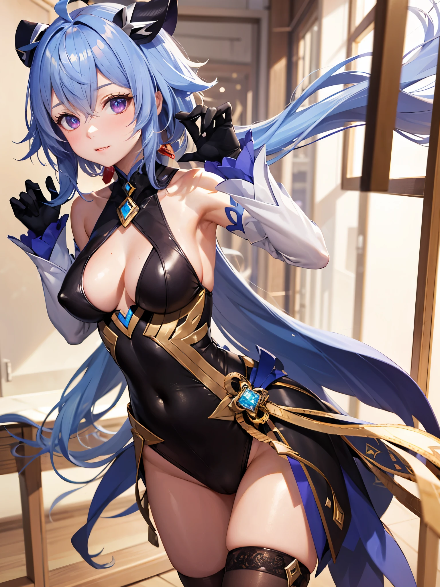 (1 girl),(high quality), (High resolution), (extremely detailed), (8K),(lower body shot),(Amane is wearing Genshin Impact costume and panties.),(wearing black knee-high stockings)not wearing shoes,perfect writing,(Beautifully erect nipple shape),High resolutionの美しい目,(neutral white lighting:1.2),Walking around the city during the day