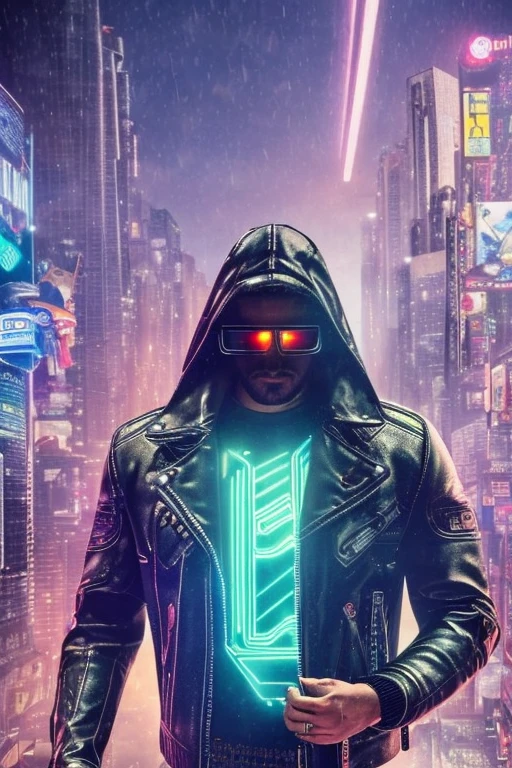 (best quality,4k,8k,highres,masterpiece:1.2), ultra-detailed, realistic, HDR, studio lighting, physically-based rendering, professional, vivid colors, bokeh, Johnny Silverhand with a Mexican sombrero, cyberpunk character, cybernetic arm, rugged appearance, rebellious attitude, futuristic setting, neon lights, dystopian cityscape, augmented reality, holographic display, leather jacket, combat boots, metallic accessories, smoking cigarette, dramatic pose, badass expression, iconic silver hand, tattoos, augmented eyes, robotic enhancements, rain-soaked streets, dense urban environment, high-tech weapons, cyberpunk aesthetics