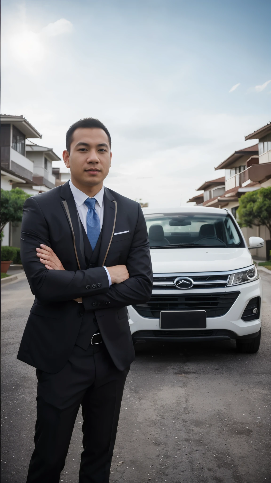arafed man in a suit standing in front of a white car, ceo, full protrait, corporate photo, protrait, advertising photo, ren heng, potrait, john jude palencar, full - body, full-body, ramil sunga, in the background, ross tan, car, car, in background, henry ascensio