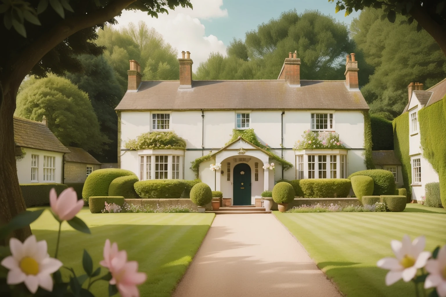 1950s English Tea Party at a Stately Manor (Location: Devon):
Character: A teenage girl with auburn curls and freckles, dressed in a pastel tea dress.
Setting: A charming garden at a stately manor in Devon, where she hosts an elaborate English tea party. Capture the genteel atmosphere with Wes Anderson's vintage color palette, emphasizing the idyllic charm of 1950s England.