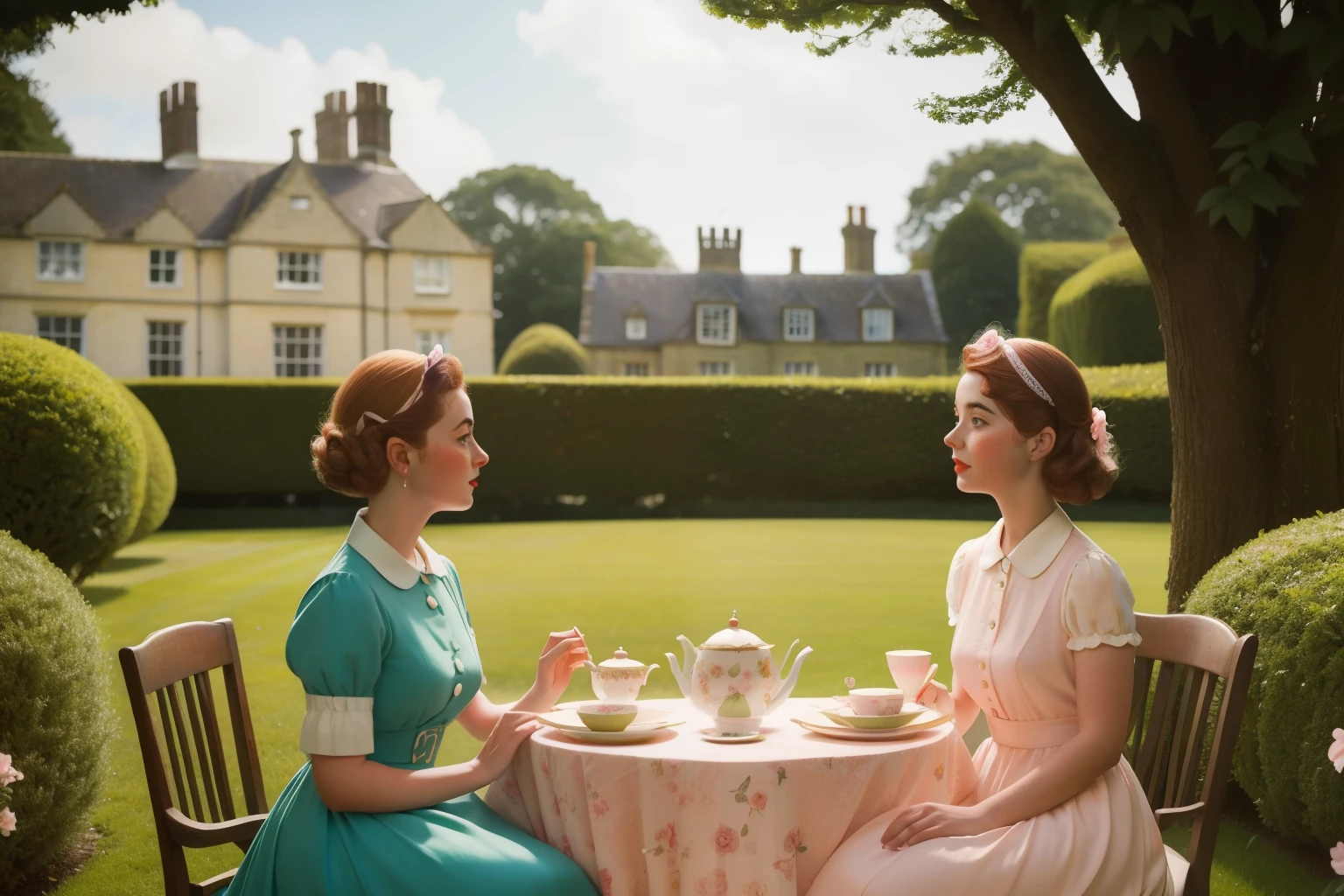 1950s English Tea Party at a Stately Manor (Location: Devon):
Character: A teenage girl with auburn curls and freckles, dressed in a pastel tea dress.
Setting: A charming garden at a stately manor in Devon, where she hosts an elaborate English tea party. Capture the genteel atmosphere with Wes Anderson's vintage color palette, emphasizing the idyllic charm of 1950s England.
