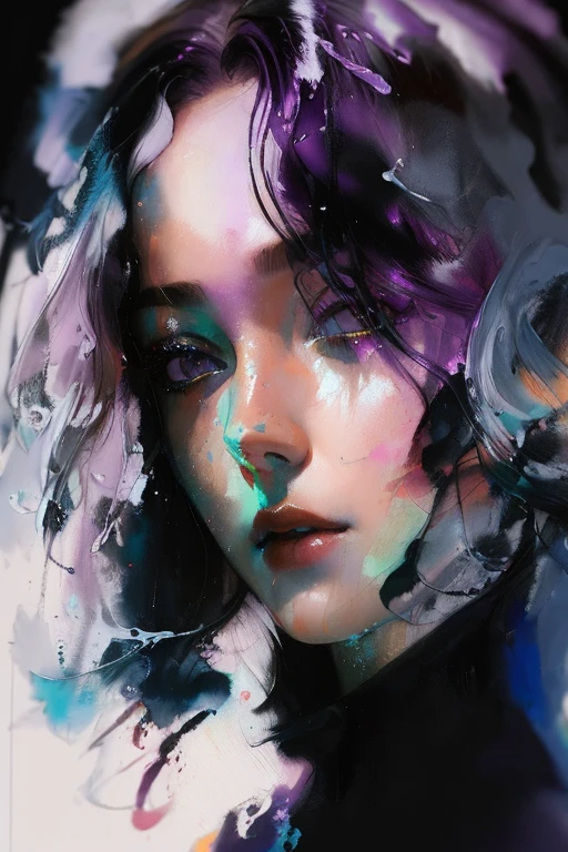 a painting of a woman with a purple hair and a black shirt, beautiful acrylic fluid portrait, casey baugh and james jean, centered painted portrait, by Aaron Nagel, agnes cecile, expressive beautiful painting, iridescent # imaginativerealism, inspired by Yanjun Cheng, anna dittman, intense watercolor, by Bill Sienkiewicz