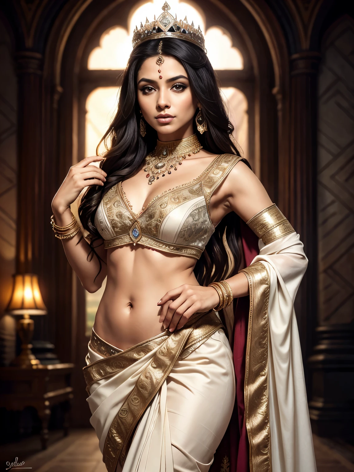Portrait, a beautiful indian queen, classic, ultra detailed body, ultra detailed face, long pony hair, palace lake, white saree, medieval city buildings, medieval times, perfect anatomy, sexy, charming, majestic, tattooed hands, ultra quality, body parts, ambient lighting, ultra detailed 17th century city background, dark cloudy sky, volumetric fog, 8k