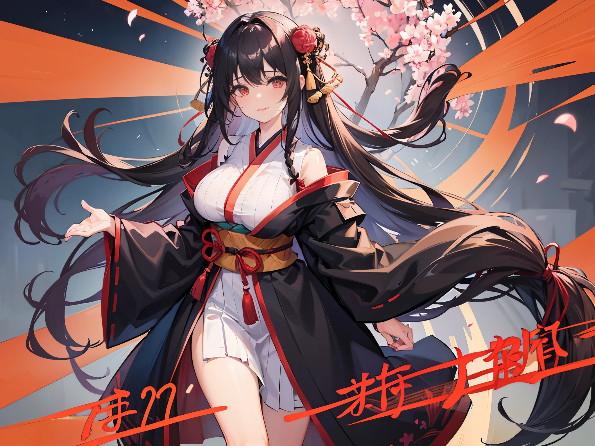 (masuter piece, Best Quality, Ultra-detailed), 1girl in, detailed kimono, Detailed obi, flat-chest, Black legwear, a black ribbon, A dark-haired, cherry trees, florals, Komono, Detailed Kimono, The long-haired, Looks Back, outside of house, figura, Red torii gate, The cherry tree, stone stairs (magazine:1.3), (cover-style:1.3)