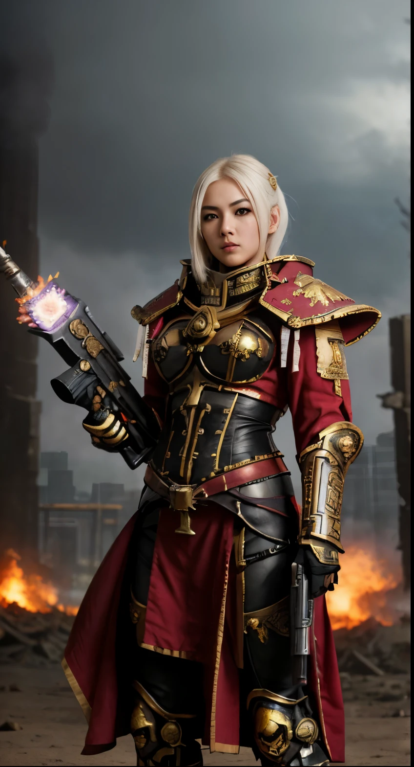 high quality photo of standing whsororitas with bolter in hands 1girl, flaming city ruins in background, dust and smoke, atmospheric lighting, polished gold metal, white paper scrolls with text, red wax seals, saturated colors, Asian girl cute face, star trek cinematic,warhammer 40k, beautiful face, detailed face