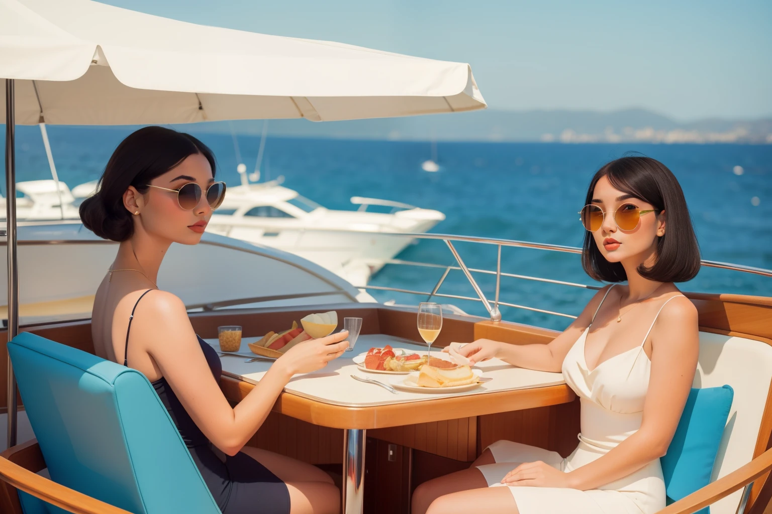 1960s French Riviera Yacht Luncheon (Location: Nice):
Character: A young woman in her twenties with sleek black hair, wearing a sophisticated swimsuit and oversized sunglasses.
Setting: A luxurious yacht anchored in Nice, where she enjoys a solo luncheon. The scene exudes French Riviera elegance with Wes Anderson's sunlit and vibrant color palette, capturing the timeless allure of 1960s coastal glamour.