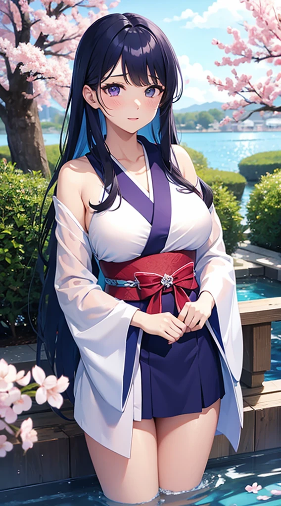 Beautiful woman with big breasts、blue hair、purple eyes、（Cherry blossom pattern）white kimono、wet kimono、wet hair、water droplets、embarrassed face、（evening）Japanese garden、long hair down to the waist、Opened kimono、
