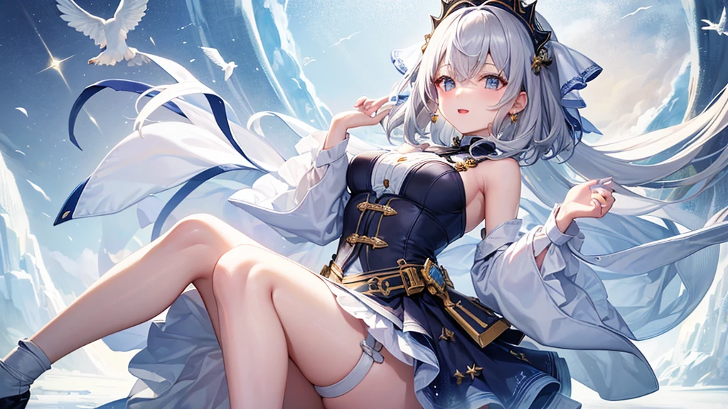 super high quality, girl, 20-year-old, とてもshort hair, long bangs between the eyes, very detailed,(masterpiece、highest quality)、alone、gray hair、laughter、White skin as clear as snow、fantasy, silver hair, gray eyes, beautiful eyes,、short hair,blue sky , sunlight,fantasyな風景,