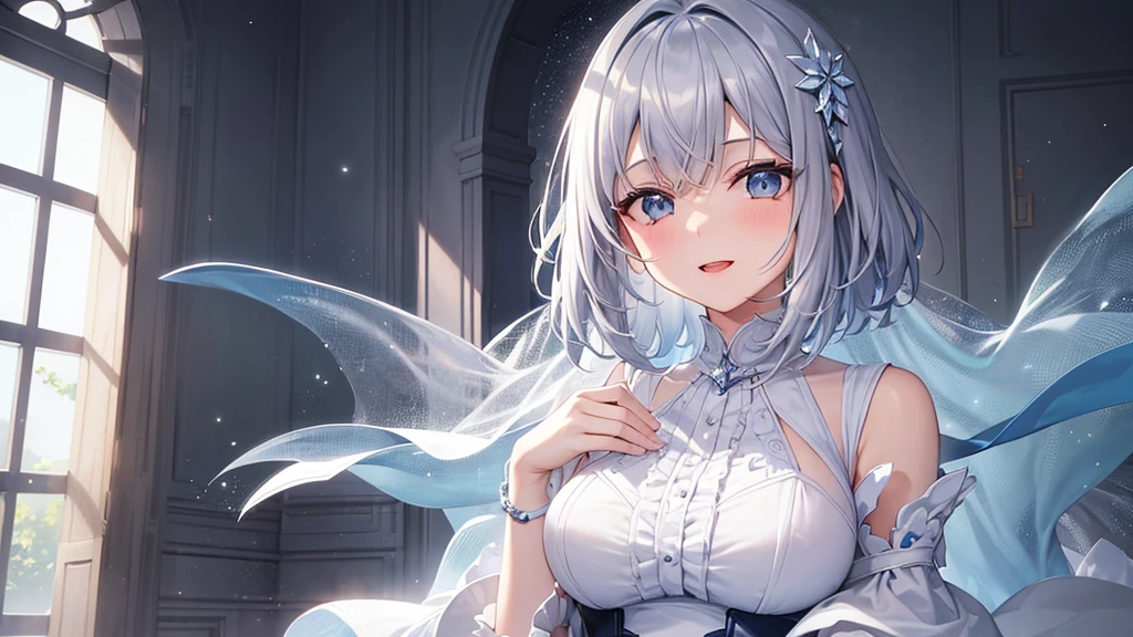 super high quality, girl, 20-year-old, とてもshort hair, long bangs between the eyes, very detailed,(masterpiece、highest quality)、alone、gray hair、laughter、White skin as clear as snow、fantasy, silver hair, gray eyes, beautiful eyes,、short hair,blue sky , sunlight,fantasyな風景,