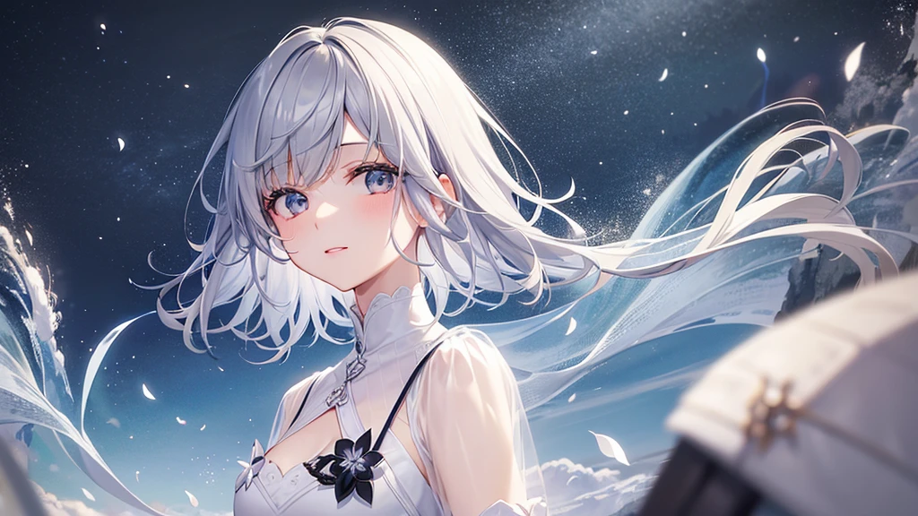 super high quality, girl, 20-year-old, とてもshort hair, long bangs between the eyes, very detailed,(masterpiece、highest quality)、alone、gray hair、laughter、White skin as clear as snow、fantasy, silver hair, gray eyes, beautiful eyes,、short hair,blue sky , sunlight,fantasyな風景,