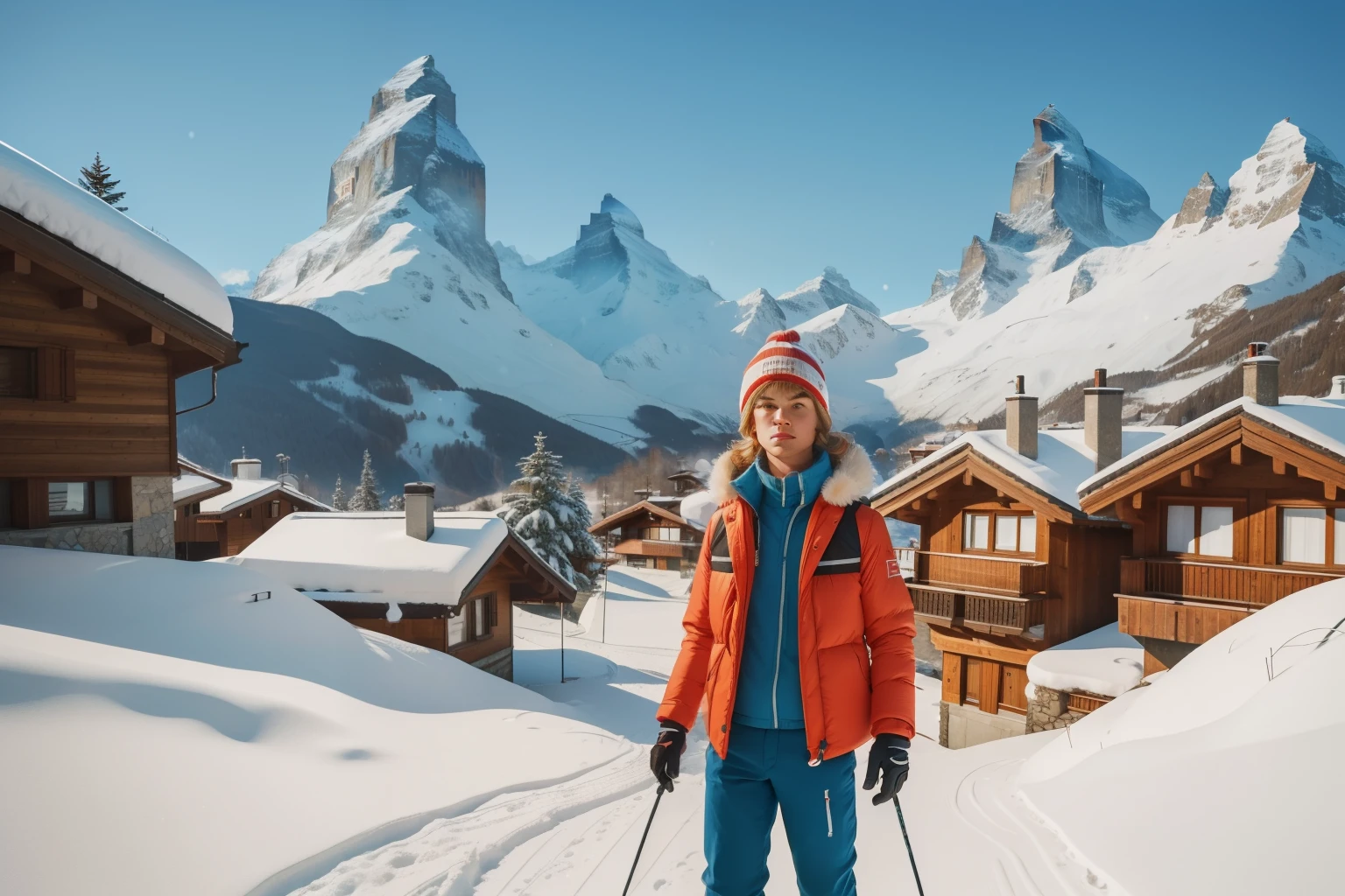 1970s Swiss Alps Ski Retreat (Location: Zermatt):
Character: A tween boy with tousled blonde hair, donned in retro ski gear.
Setting: A snowy chalet in Zermatt, where he embarks on a solitary skiing adventure. Use Wes Anderson's cool and alpine color tones to depict the pristine beauty of the Swiss Alps during the 1970s.