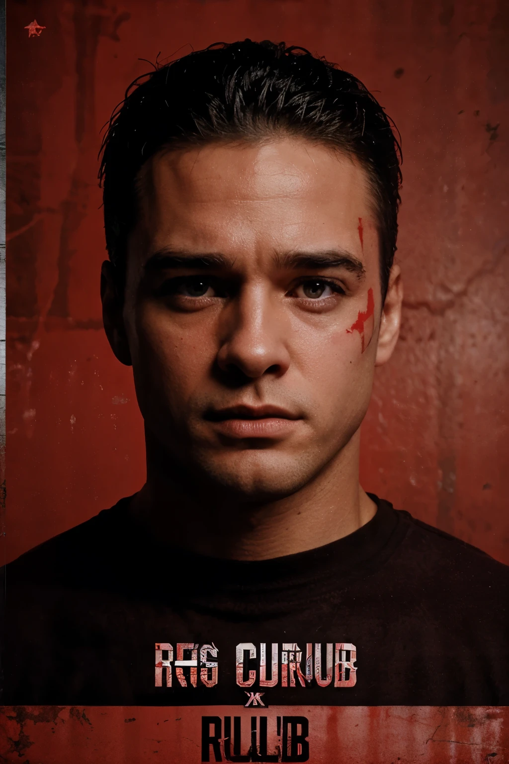 The fight club referee stands in the ring and ((explains the rules)) Fight club, ((red background, poster)), photorealistic