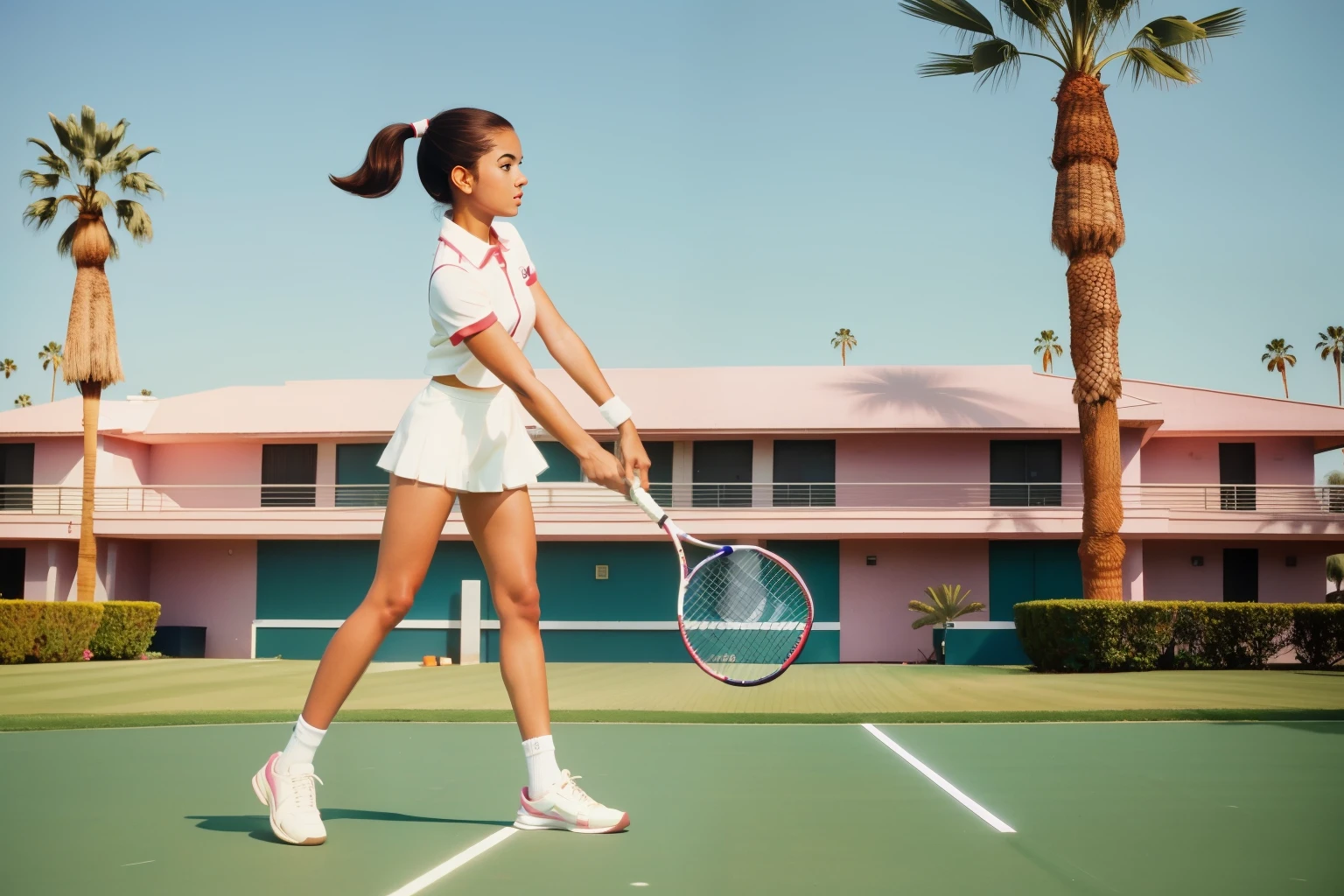 1980s American Country Club Tennis Match (Location: Palm Springs):
Character: A girl with a sleek ponytail, dressed in a preppy tennis outfit.
Setting: A country club in Palm Springs, where she engages in a spirited tennis match. Capture the sun-soaked and pastel ambiance of an 1980s American country club with Wes Anderson's distinctive color palette.