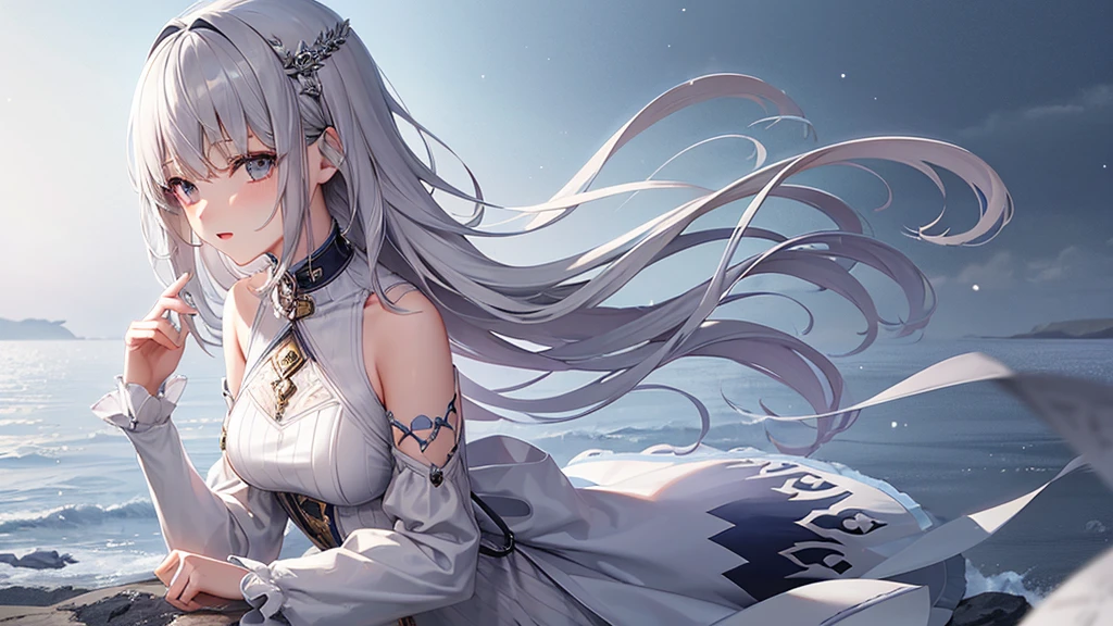 super high quality, girl, 20-year-old, Very shorthair, long bangs between the eyes, very detailed,(masterpiece、highest quality)、alone、gray hair、laughter、White skin as clear as snow、fantasy, silver hair, gray eyes, fantasyな風景,