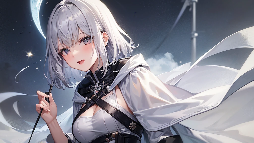Her eyes were shining、Mysterious and enchanting atmosphere。With AI Painting、とてもShort Hair, Long bangs between the eyes, Grey Eyes , Very detailed,(masterpiece、Highest quality)、alone、Gray Hair、Fantasy, Silver Hair, Beautiful Eyes,Ecstasy, charm, attract the audience, Fantasyな風景、White shirt、smile、Open your mouth、Scarf、short hair、Short Hair、hairpin、Dark Eyes
