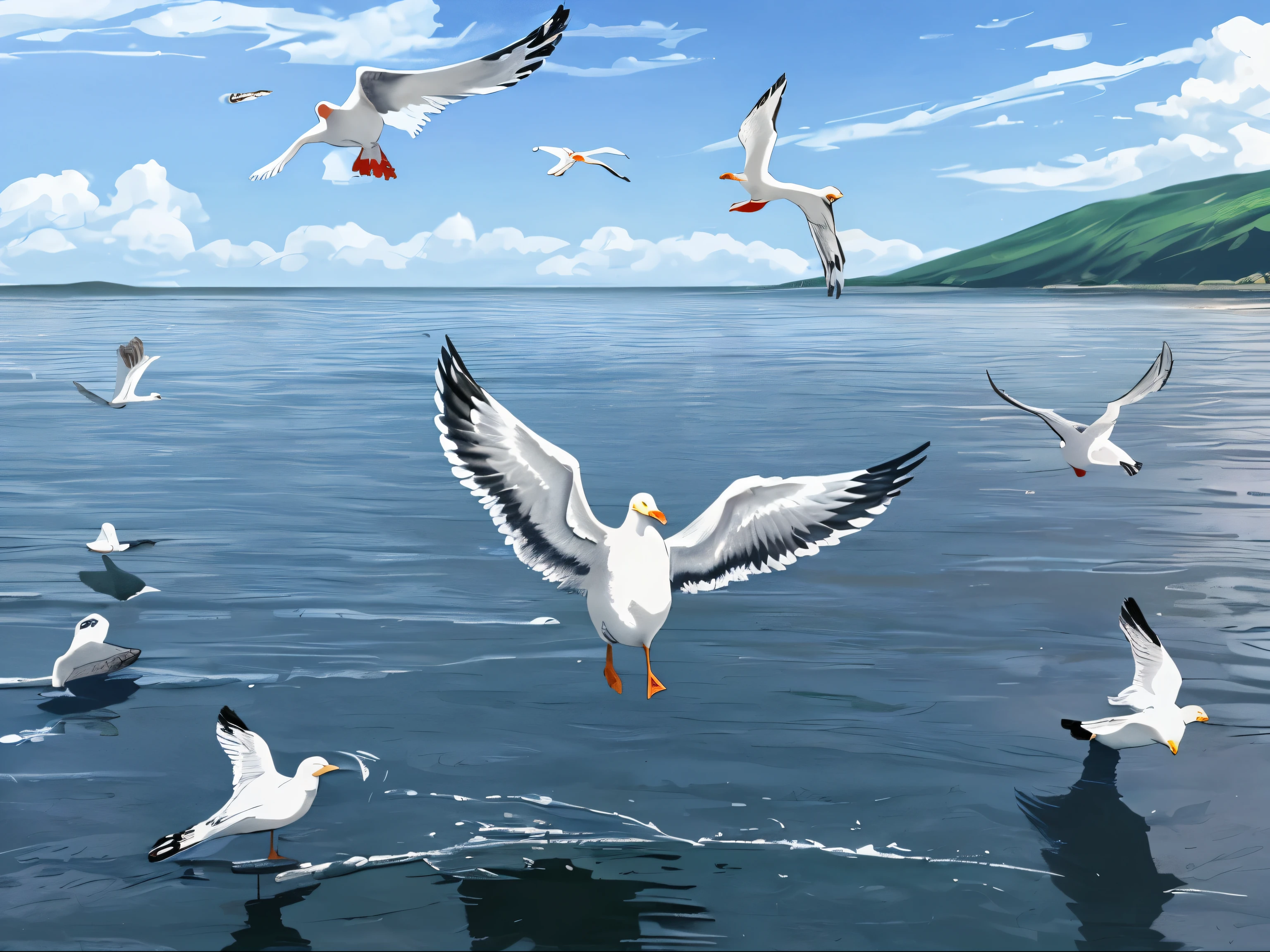 Ecological Protection，Animals and nature，seagulls，water surface，blue sky