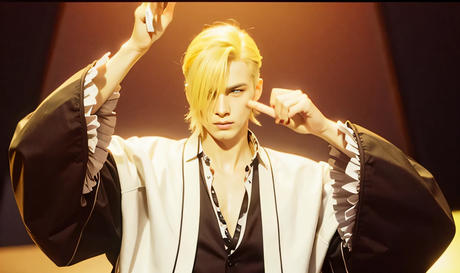 Man yellow hairstyles and black white clothes