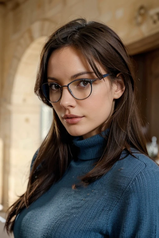 jolie brune, cheveux mi-longs, yeux bleus avec lunettes rondes et que de cheval