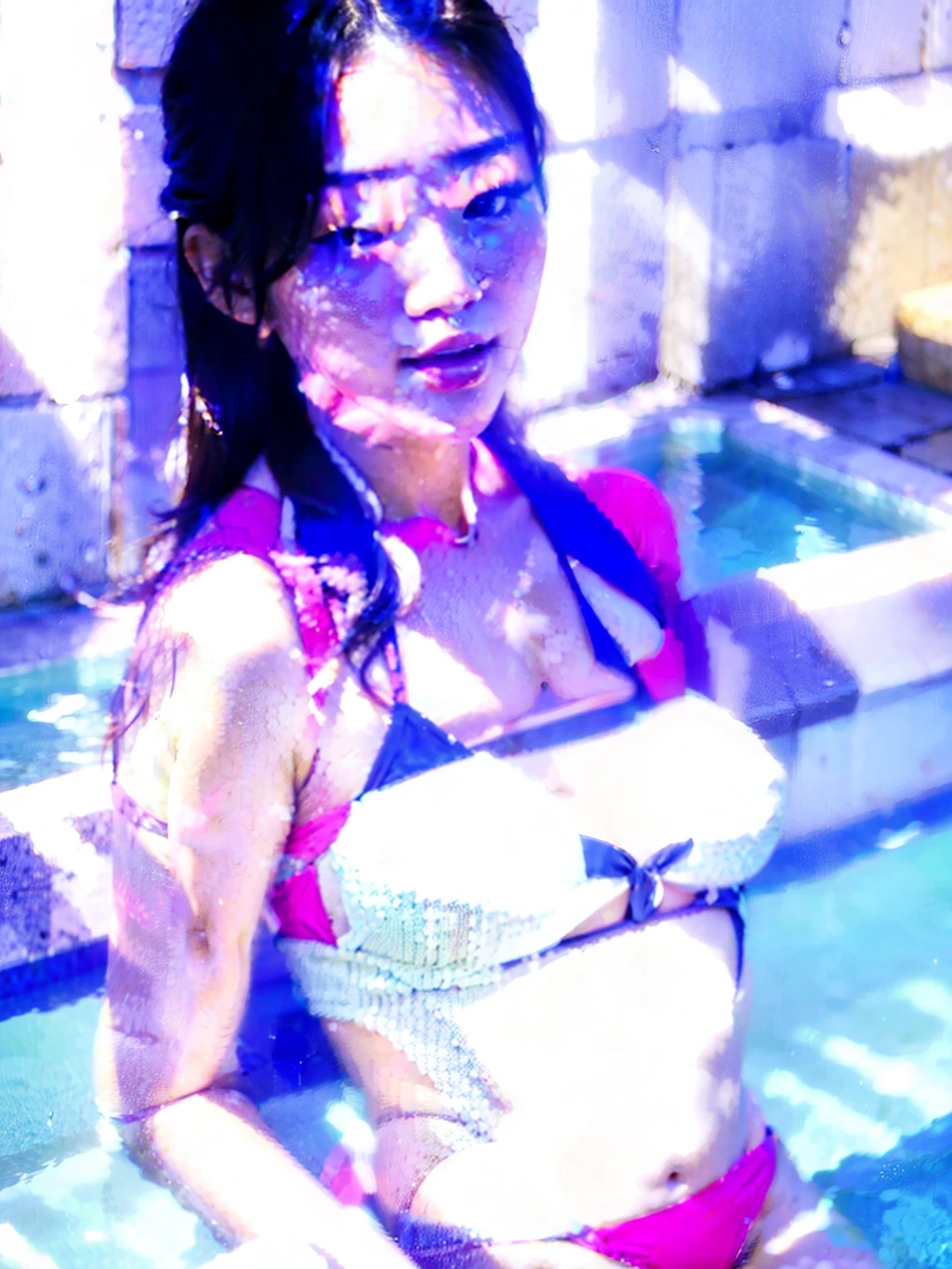a close up of a woman in a pink bikini sitting on a ledge near a pool, beautiful south korean woman, gorgeous young korean woman, korean girl, beautiful young korean woman, wearing two - piece swimsuit, gorgeous chinese model, 2 4 year old female model, korean woman, bae suzy, beautiful asian girl, attire: bikini, —ar 16:9