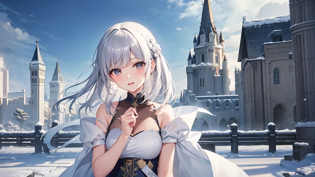 super high quality, girl, 20-year-old, Very shorthair, long bangs between the eyes, very detailed,(masterpiece、highest quality)、alone、gray hair、laughter、White skin as clear as snow、fantasy, silver hair, gray eyes, fantasyな風景,a castle yard