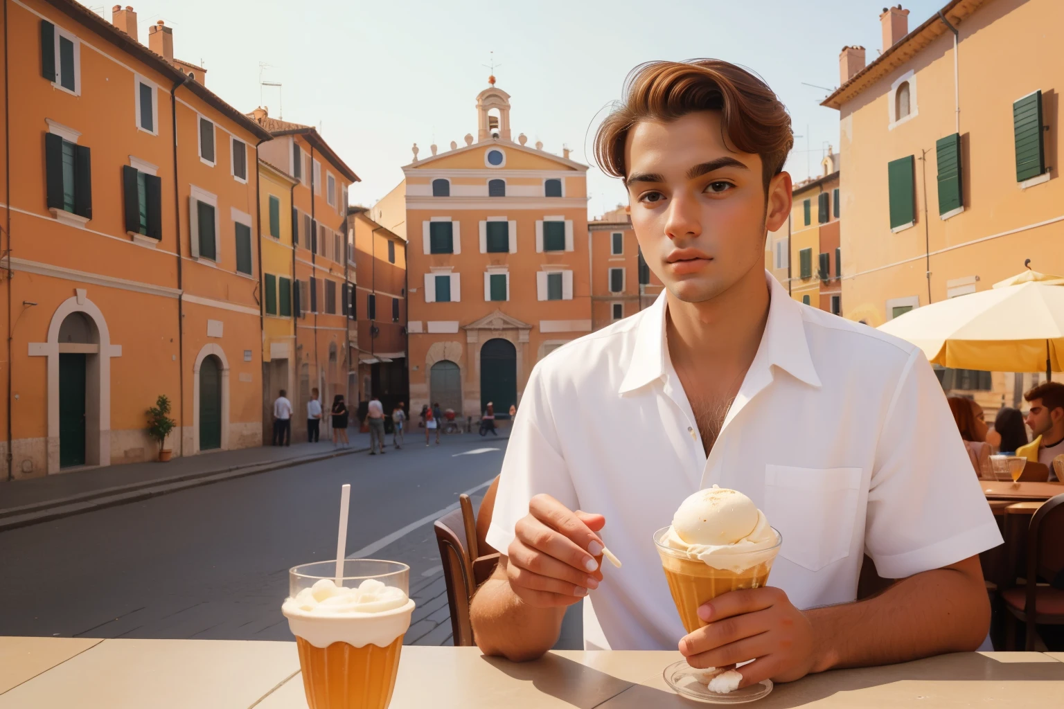 1990s Italian Gelato Delight (Location: Rome):
Character: A young man in his twenties with chestnut hair, enjoying gelato in a classic Italian piazza.
Setting: The historic streets of Rome, where he indulges in a delightful gelato experience. Use Wes Anderson's warm and Mediterranean color tones to evoke the charm of a 1990s Italian summer day.