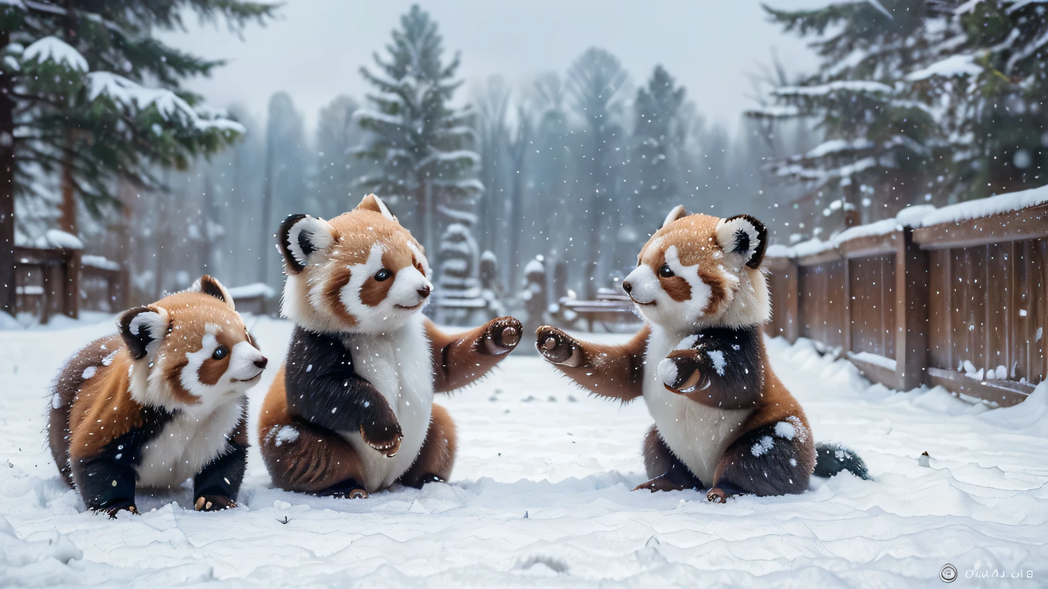 (masterpiece, highest quality, perfect details:1.4), (2 lesser pandas, exchange, dynamism, realistic 1.3), colorful depiction, Bokeh, snow forest, Blue sky