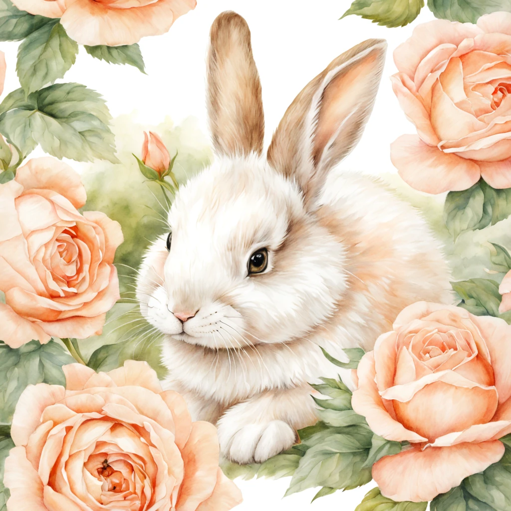 Beautiful cute baby bunny lying in a peach roses, in the flower garden, beautiful, baroque, ultra realistic, realistic watercolor+pencil, high octane, white, green, beige