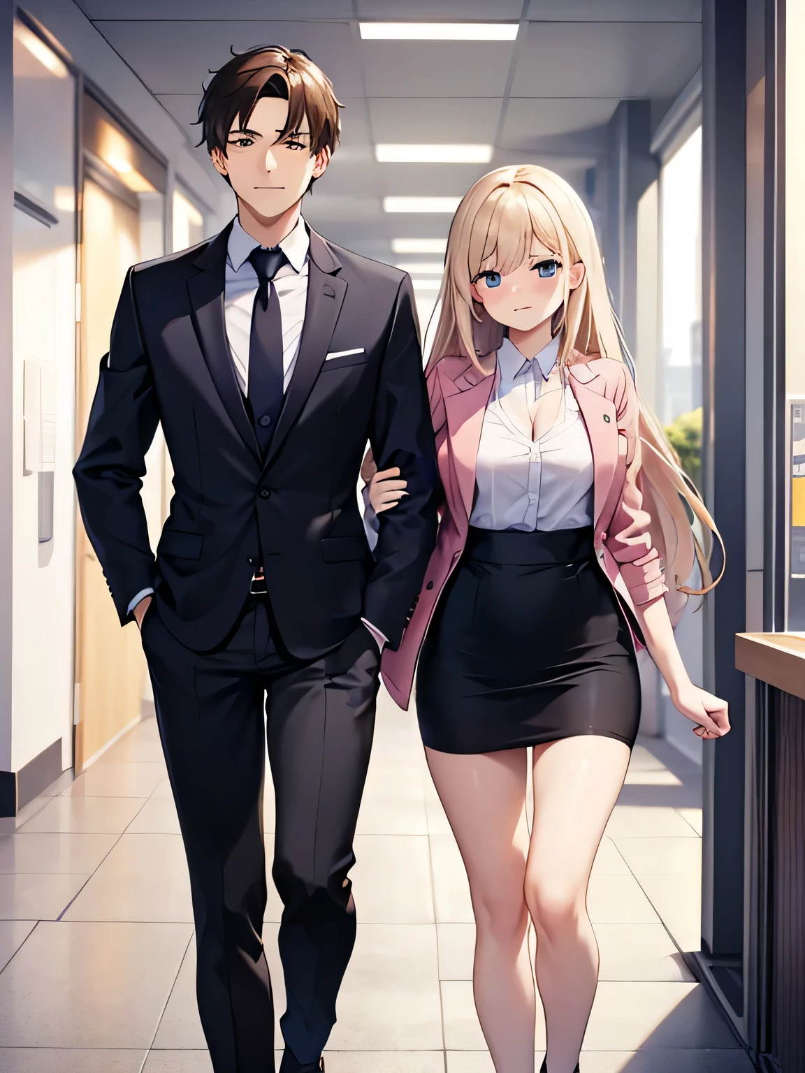 the man has both hands in his pockets。woman is wearing a pink blazer。