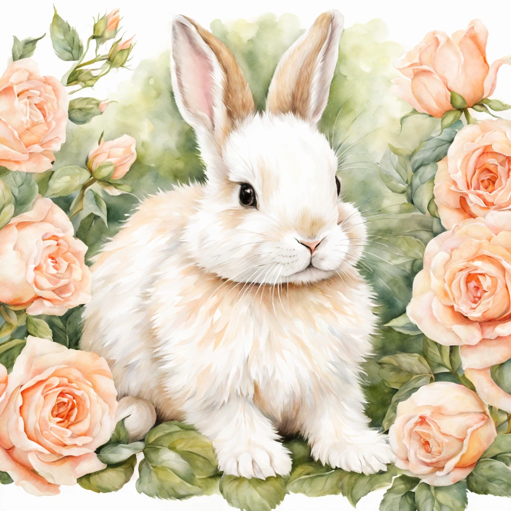 Beautiful cute baby bunny lying in a peach roses, in the flower garden, beautiful, baroque, ultra realistic, realistic watercolor+pencil, high octane, white, green, beige
