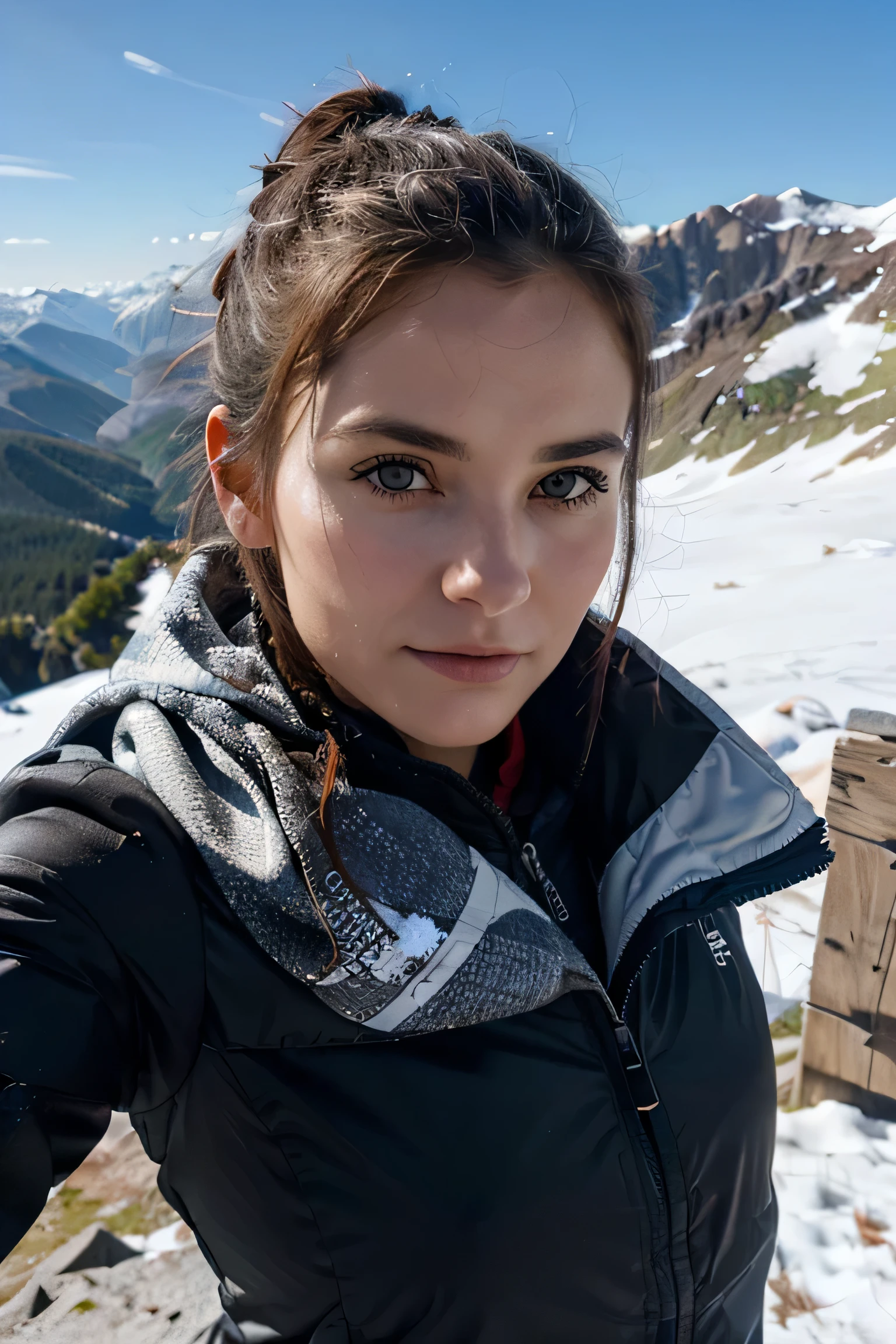 (8 Tausend, Rohfoto, highest quality), beautiful girl, snow, on top of mountain, selfie, wide lens, hiking (Detaillierte Augen:0.8), Trotz512, (highest quality), (bester Schatten), Komplizierte Details, Innere, rote Haare:1.3