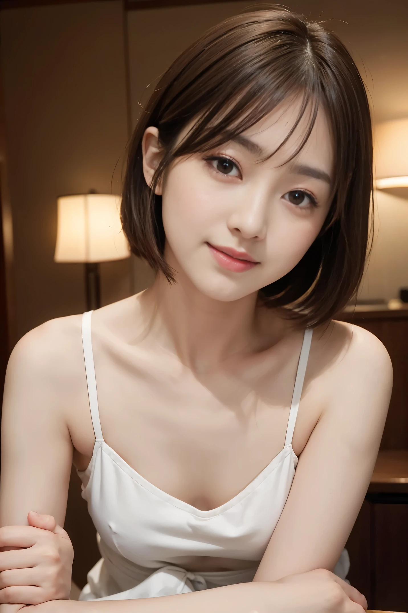 cute 21 year old japanese、dinner、night、camisole、super detail face、eye for details、double eyelid、laughter、Family reunion、beautiful thin nose、sharp focus:1.2、Beautiful woman:1.4、(light brown hair,short cut hair, white skin、highest quality、masterpiece、Super high resolution、(Photoreal:1.4)、