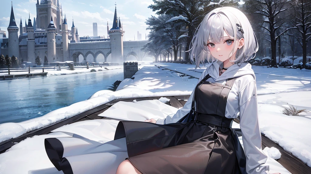 super high quality, girl, 20-year-old, Very shorthair, long bangs between the eyes, very detailed,(masterpiece、highest quality)、alone、gray hair、laughter、White skin as clear as snow、white hoodie,black skirt、 silver hair, gray eyes, Fantasy landscapes,a castle yard