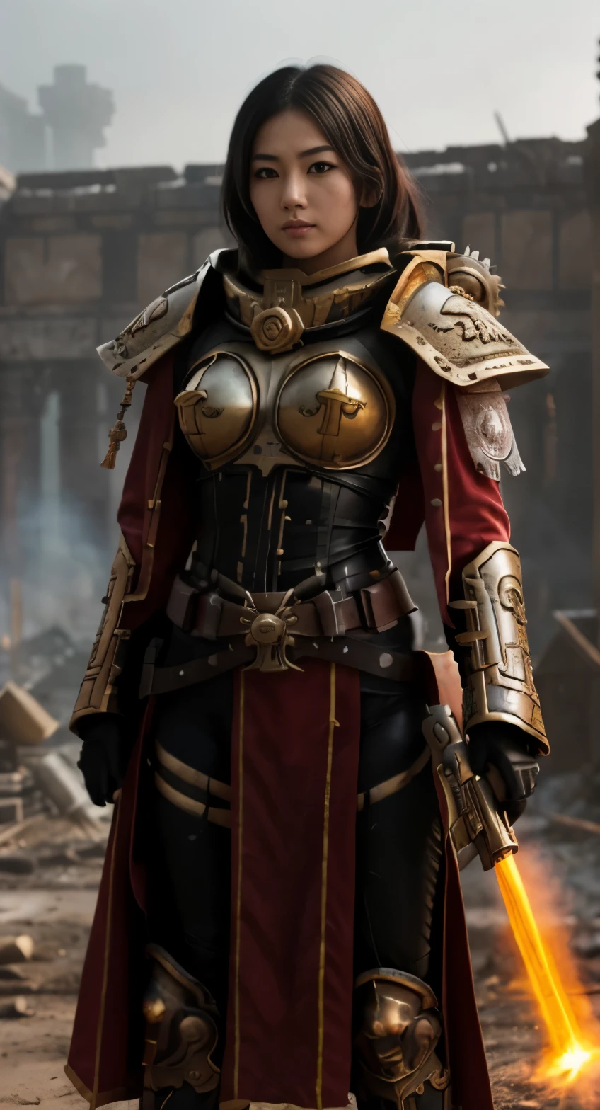 high quality photo of standing whsororitas with bolter in hands 1girl, flaming city ruins in background, dust and smoke, atmospheric lighting, polished gold metal, white paper scrolls with text, red wax seals, saturated colors, Asian girl cute face, star trek cinematic,warhammer 40k, beautiful face, detailed face