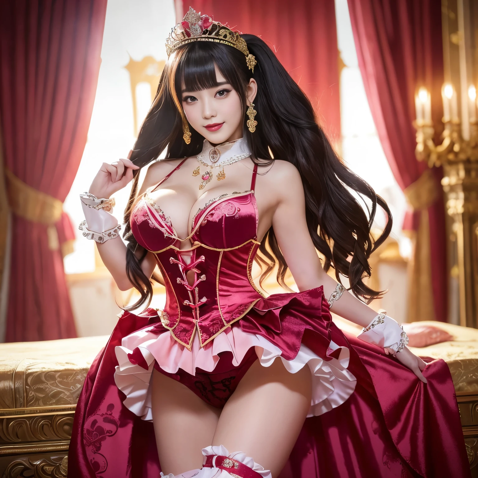 ((highest quality, pieces fly, ultra high resolution、the most complex and detailed depiction))、look at me with a big smile、ink costume、(The most luxurious red and pink royal palace's finest brothel:1.3)、(Very moody warm lighting:1.3)、cinematic lighting effects、romantic lighting、1 girl、1 Prostitution idol princess、(Huge high-end prostitution bed:1.1)、cleavage、big and full breasts、long and beautiful、look at me with a big smileください、(Gorgeous and luxurious giant prostitution idol costume:1.2)、(Gorgeous and luxurious idol princess costume with red and pink frills:1.2)、(Complicated and extravagant princess costumes for prostitution idols decorated with large amounts of jewels:1.2)、(accurate anatomy:1.2)、(blurry distant view:1.1)、(Perfect and intricate prostitution idol costumes with great attention to detail:1.3)