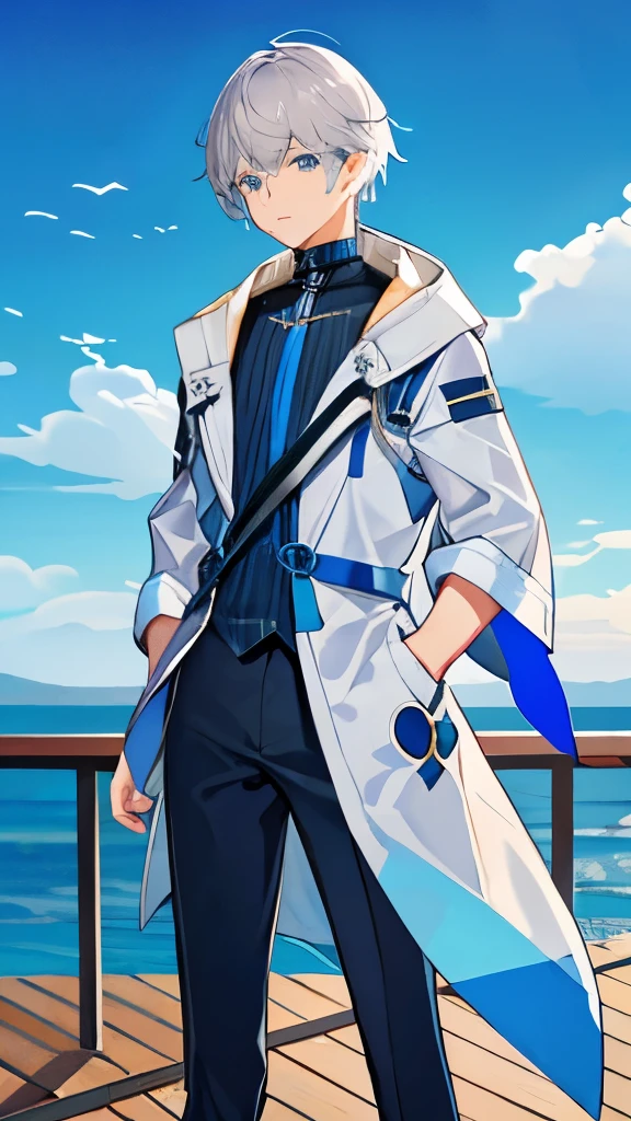 male juvenile 1people short hair gray hair color blue eyes Calm atmosphere wizard jacket Clothes cover up to the neck soldier Standing on the deck