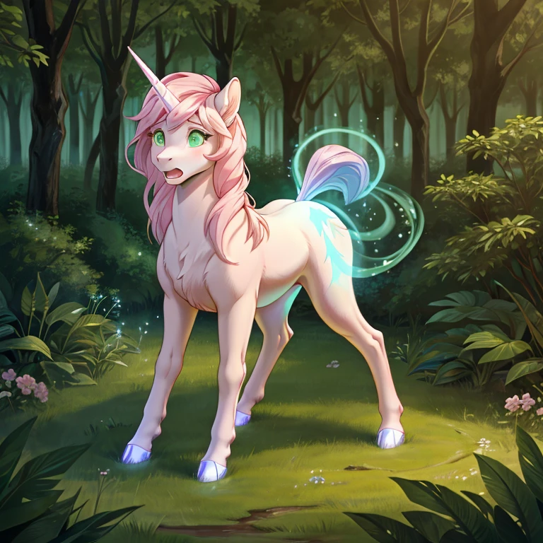 shocked feral Female unicorn with pink fur and glowing Green eyes standing on all fours hoves there is some traces of magic floating around her she is in a forest