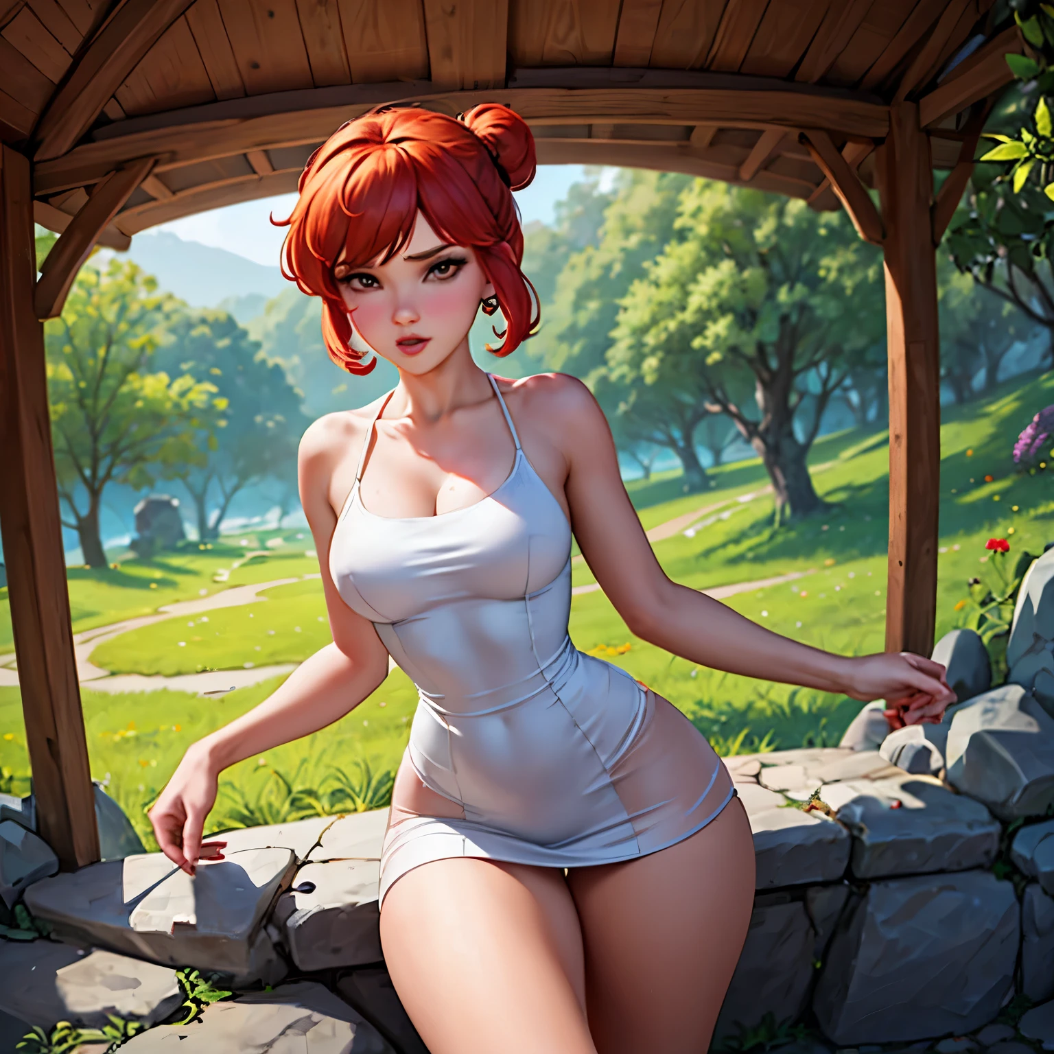 a woman, red hair, brown eyes, short white dress, medium breasts, thin waist, thick thighs, stone age, best quality, masterpiece, Wilma Flintstone.
