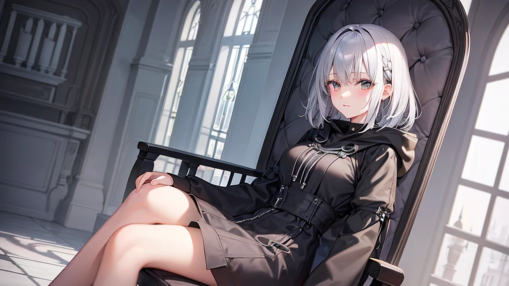 super high quality, girl, 20-year-old, Very shorthair, long bangs between the eyes, very detailed,(masterpiece、highest quality)、alone、gray hair、laughter、white hoodie,black skirt、 silver hair, gray eyes, Fantasy landscapes,inside the castle、sit on a chair