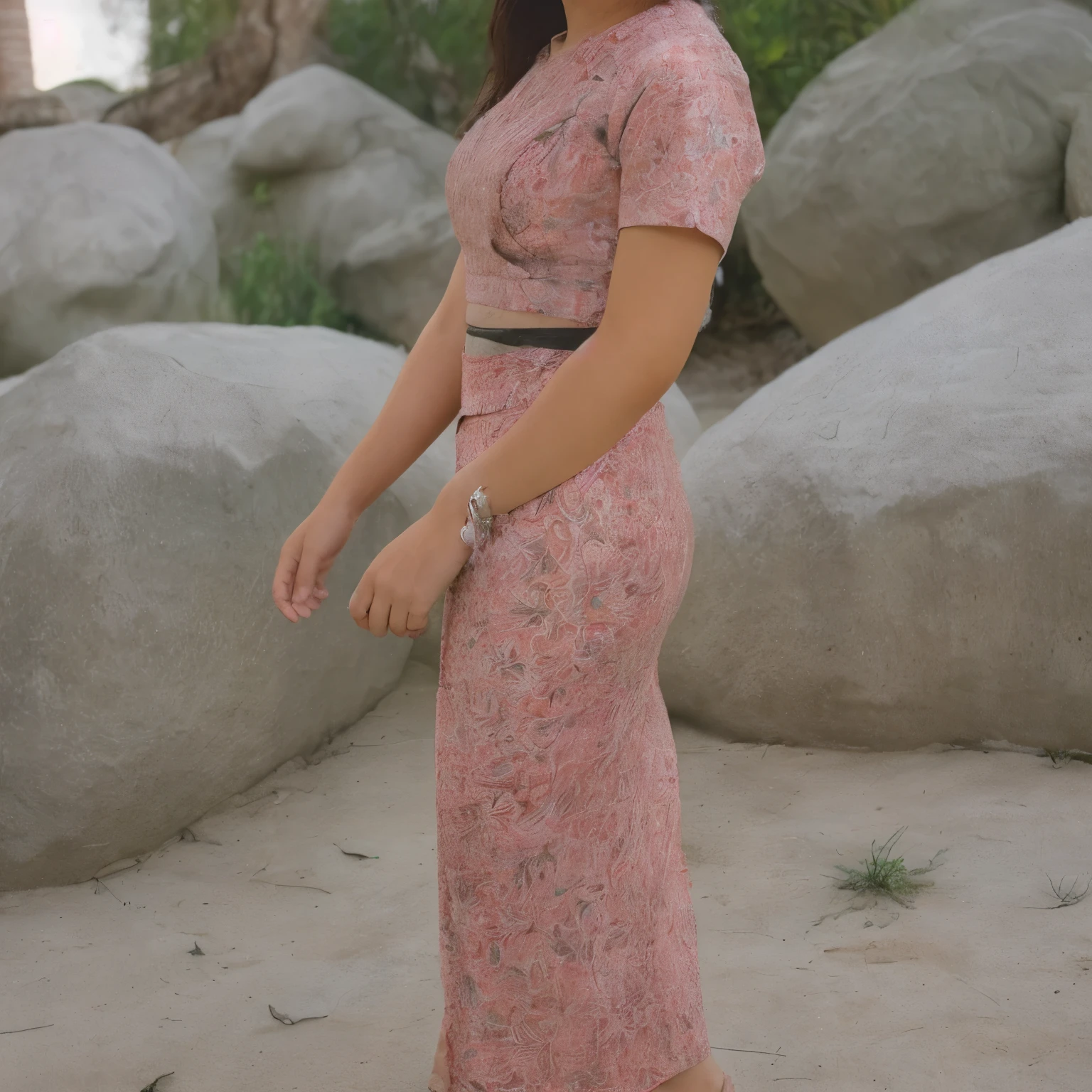 Creator , Trigger Words gòn "acmm ss outfit, wearing acmm top, black acmm top, short sleeves, buttons, wearing acmm long skirt, white and pink with printed acmm long skirt, 1 Girl, walking"