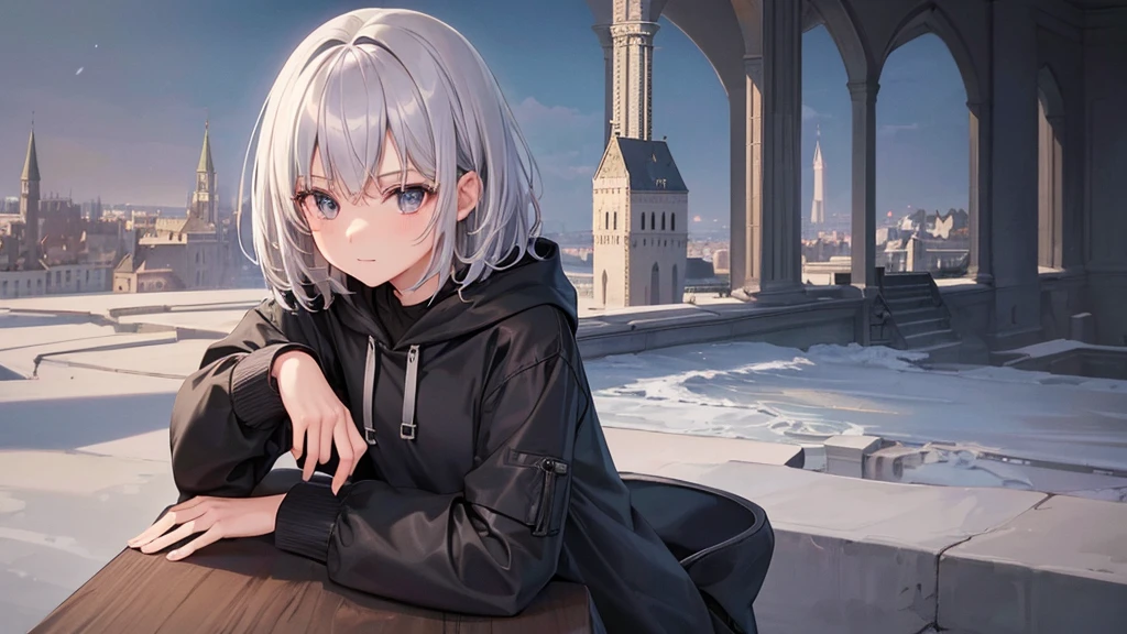 super high quality, girl, 20-year-old, Very shorthair, long bangs between the eyes, very detailed,(masterpiece、highest quality)、alone、gray hair、laughter、white hoodie,black skirt、 silver hair, gray eyes, Fantasy landscapes,inside the castle、sit on a chair、Close-up