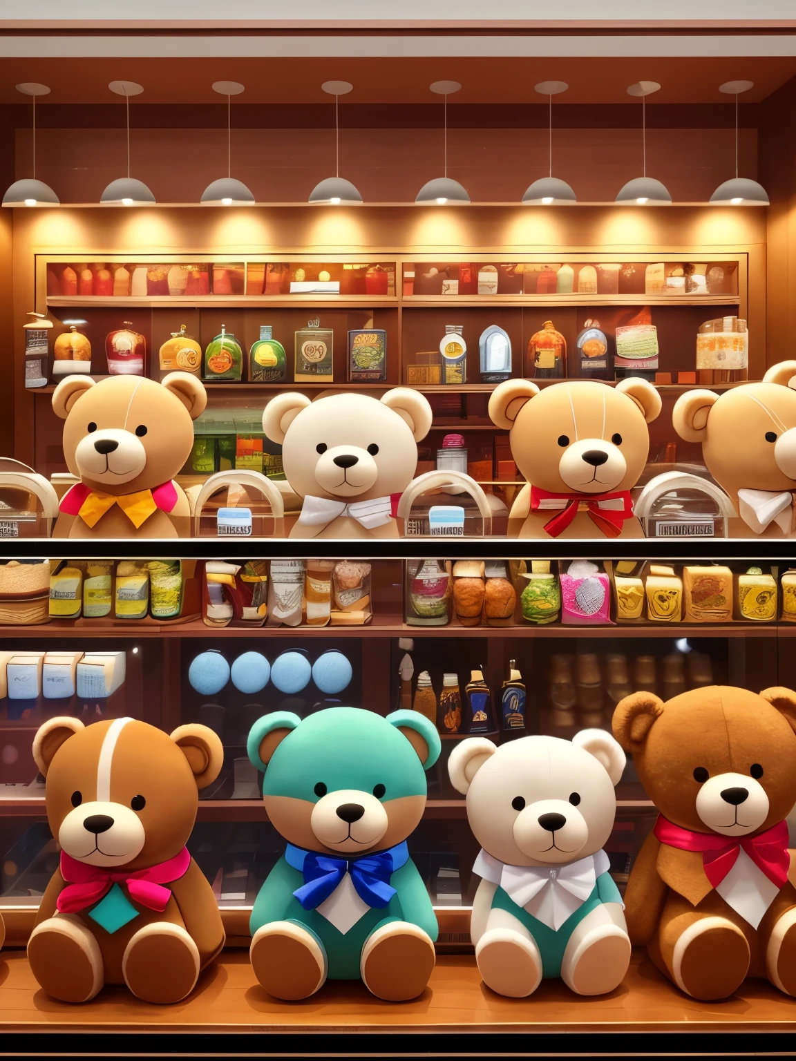 Product display design,Several teddy bears in the glass window,neatly arranged,sales display,, Pixar 8k Ultra HD