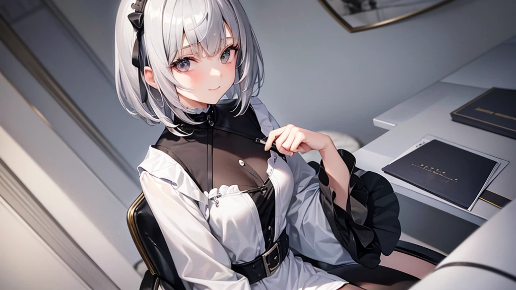 super high quality, girl, 20-year-old, Very shorthair, long bangs between the eyes, very detailed,(masterpiece、highest quality)、alone、gray hair、white hoodie,black skirt、 silver hair, gray eyes, Fantasy landscapes,inside the castle、sit on a chair、Close-up、smile