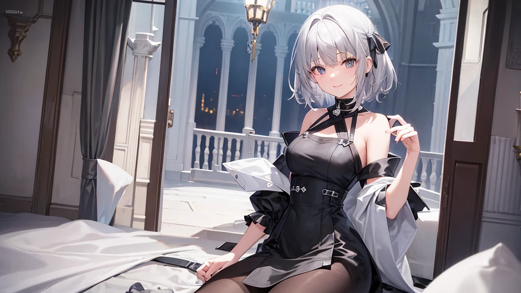 super high quality, girl, 20-year-old, Very shorthair, long bangs between the eyes, very detailed,(masterpiece、highest quality)、alone、gray hair、white hoodie,black skirt、 silver hair, gray eyes, Fantasy landscapes,inside the castle、sit on a chair、Close-up、smile