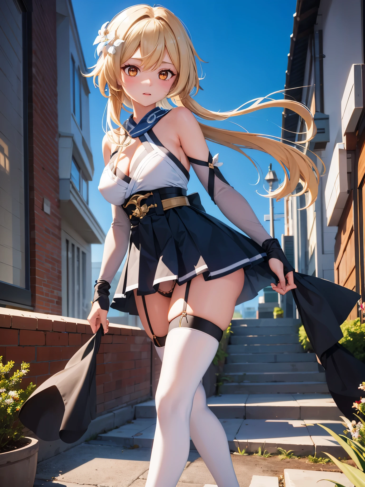 (1 girl),(high quality), (High resolution), (extremely detailed), (8K),(lower body shot),(Hotaru is wearing Genshin Impact costume and panties.),(wearing black knee-high stockings)not wearing shoes,perfect writing,(Beautifully erect nipple shape),High resolutionの美しい目,(neutral white lighting:1.2),Walking around the city during the day