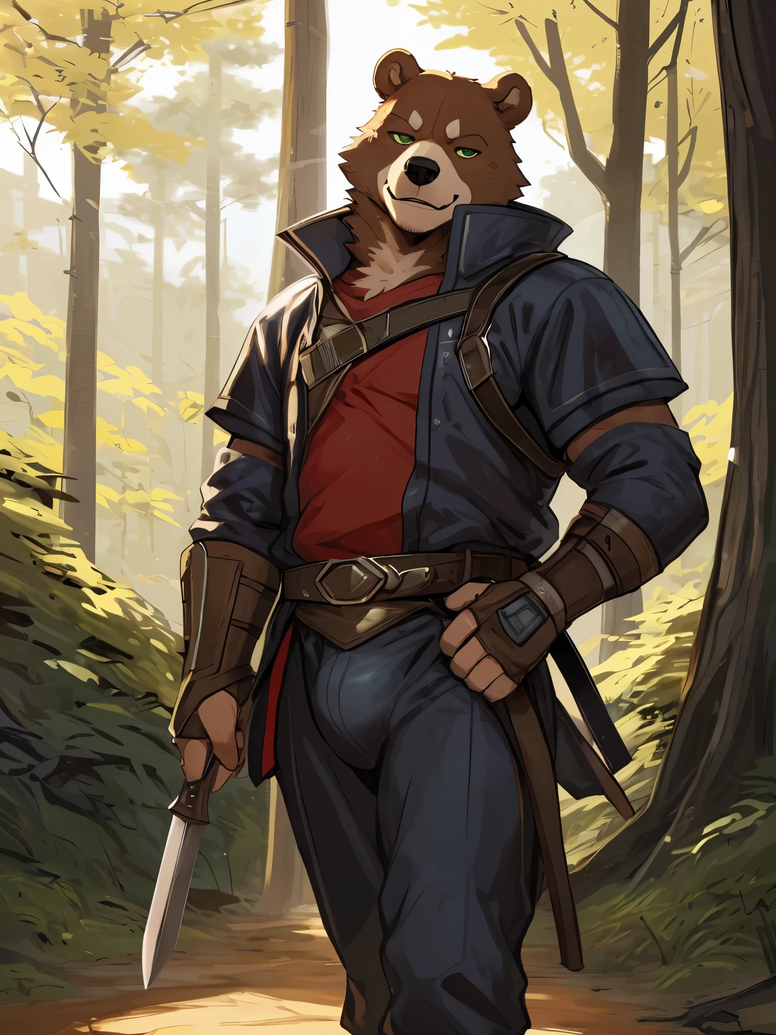 ((best quality, high res)), bear, 1male, solo, young, skinny muscle, fat, brown fur, smirk, green eyes, woods, half armour, pants, bulge, walking, holding a sword, by Bebebebebe, by SpiritD, by K0BIT0WANI, by Zackary911
