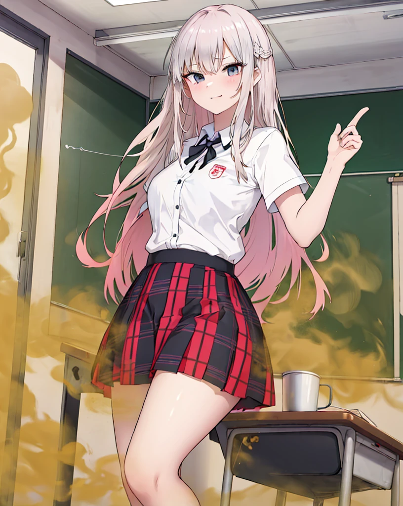 8K,(( 1 girl in)), Character focus,EVA ，‎Classroom，fart，short plaid skirt