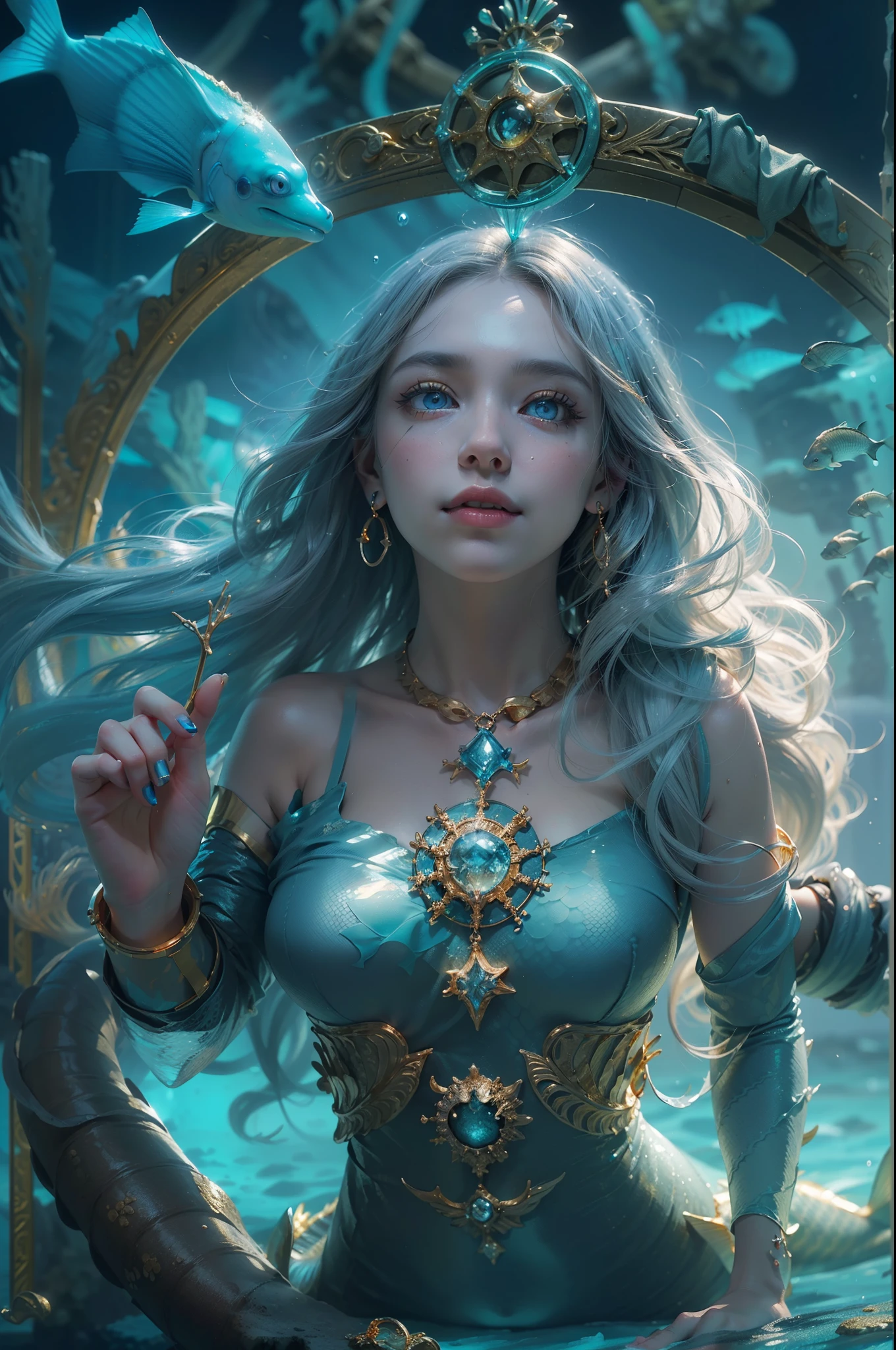 (award-winning masterpiece galore, incredibly detailed, textures and maximum detail), (full body view:1.6), (hyper realistic:1.4), (realistic:1.3), (upper body close-up:0.4), (many gold and silver treasures are sunken: 1.8), (top quality realistic textured skin ), (((underwater))), (deep sea:1.5), (dark sea at night:1.6)), (detailed true circle symmetrical eye-catching exquisite face, ((medieval world)), (full body view:1.6)), ((mermaid)), ((mermaid princesermaid nobility)), (eyes burning bright and icy), (( She has a mischievous smile on her face), (sunken ship with treasures :1.4), A temple sunken in a coral reef, ancient sunken city, sunken temple, sunken cathedral, sunken temple ruins, sunken detached temple, sunken ruins of an ancient castle, shining magnificent water and light, coral reef, (blue eyes shining in the dark :1.5), (pair of ice blue eyes with intense blue light from within:1.5), (bioluminescence:1.5), (full body view:1.6), (swirling water and currents in background), (dramatic light), (magnificent scene), (her expression gentle and beautiful), glass earrings in ears, (dramatic photograph:1.4), (( dramatic pose)), (gorgeous photograph), (beautiful hair), (full-length view:1.6), ((looking up)), ((looking down)), (elaborately crafted necklace around her neck), (bright sparkling bioluminescence:1.3), (flashy hydro magic used:1. 2), (beautiful fish around), (glowing magic circle:1.5), (full body view:1.6), epic realistic, faded, art, (Greg Rutkowski:0.8), (teal and orange:0.4), (art station:1.5), cinematic, ((neutral colors)), (HDR:1.5), ( Subdued colors:1.2), Highly detailed, Dramatic light, (Complex details:1.1), Complex background, (