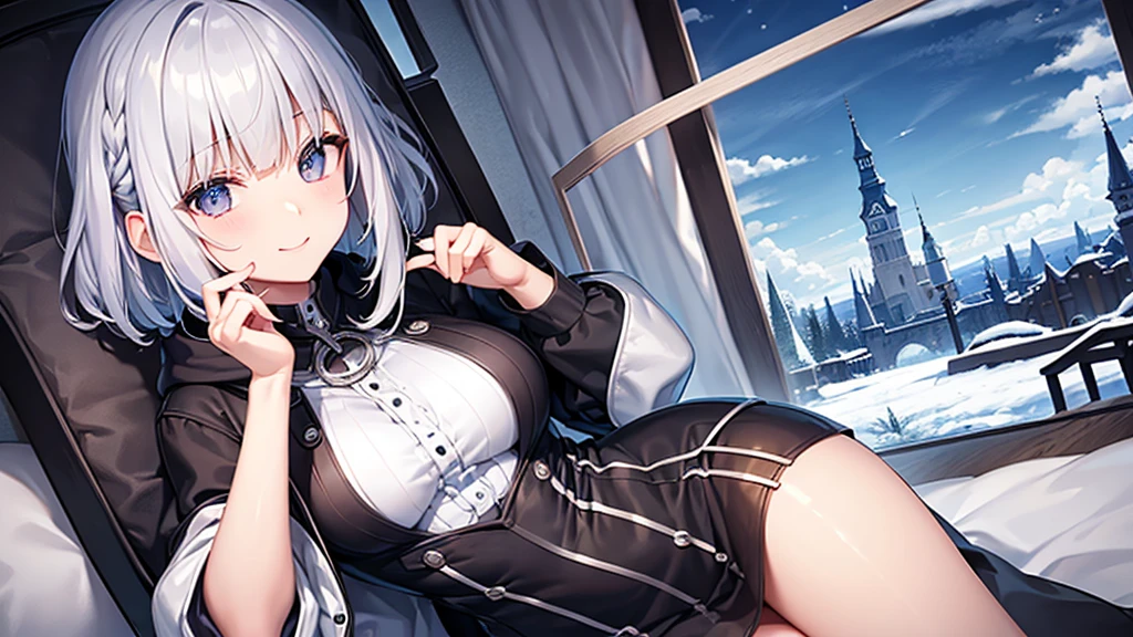 super high quality, girl, 20-year-old, Very shorthair, long bangs between the eyes, very detailed,(masterpiece、highest quality)、alone、gray hair、white hoodie,black skirt、 silver hair, gray eyes, Fantasy landscapes,inside the castle、sit on a chair、Close-up、smile、snow scene